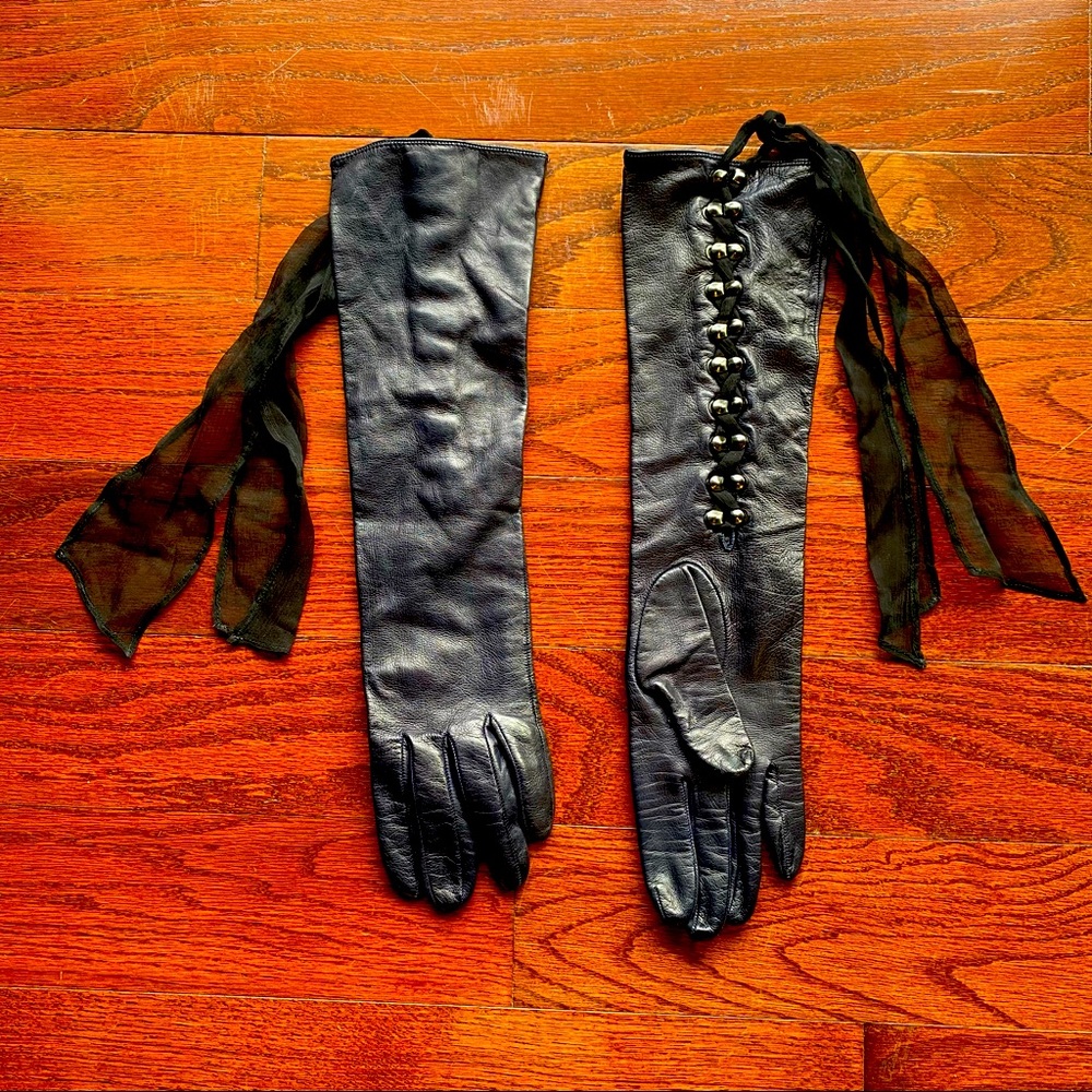 3.1 Phillip Lim Blue Leather Gloves w/ Silk Ribbon